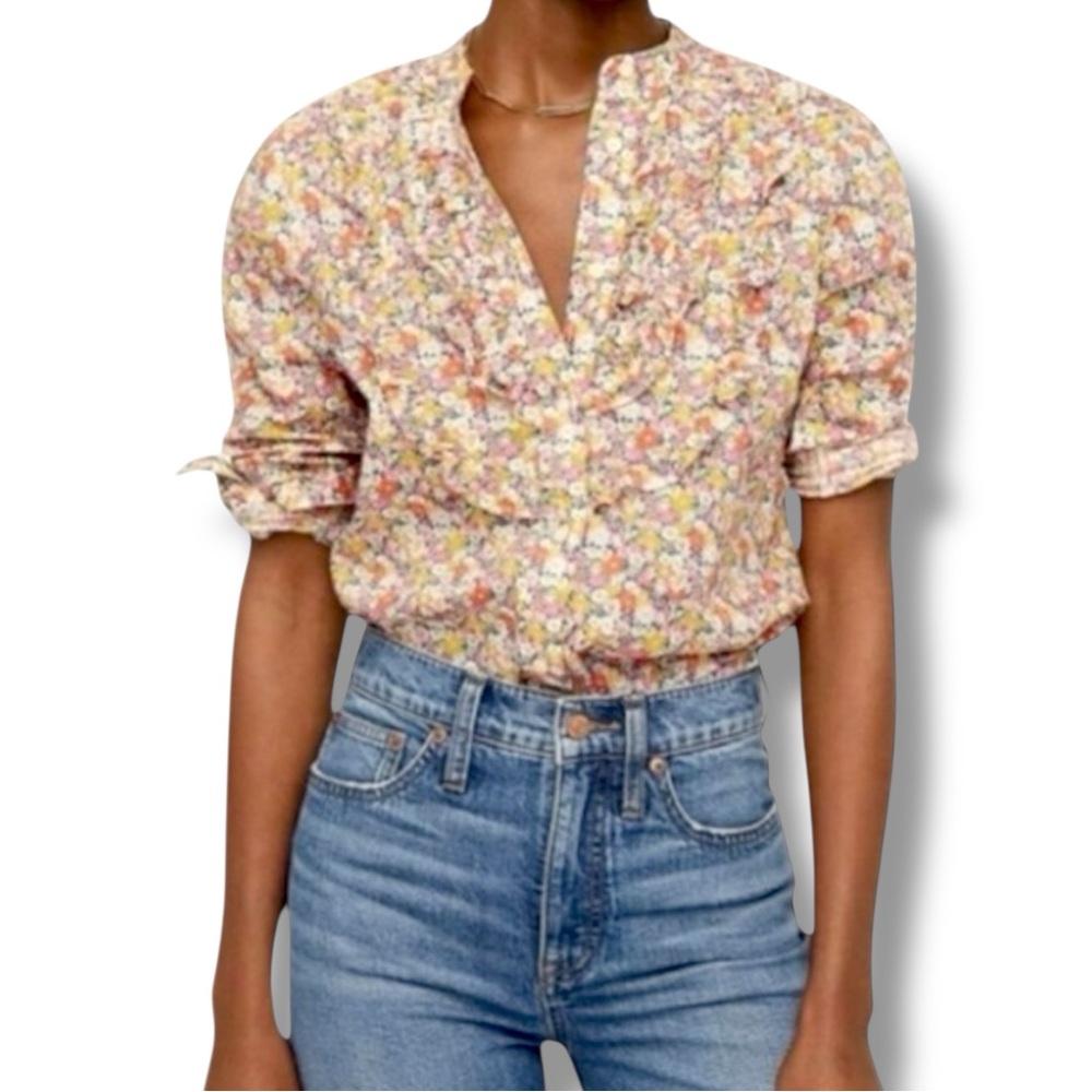 J Crew Liberty Libby Floral Ruffle Front Band Collar Cotton Button Up Shirt S
